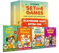 QUOKKA Kids Card Game Set Ages 4+ - 4 Games in 1 Box, 400 Creative Tasks, Scavenger Hunt for Kids, Charades & Animal-Themed Active Movement Indoor and Outdoor Games