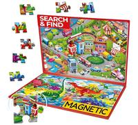 QUOKKA Magnetic 2x100 Piece Jigsaw Puzzles For Children - Kids Puzzles For 6 7 Year Olds with Spot The Difference Maps - Search and Find Home and Travel Magnetic Activity Book - Dinos & City Cars