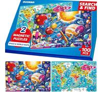 QUOKKA Magnetic Jigsaw Puzzles For 6 7 Year Olds - 2x100 PCS Kids Puzzles age 5-8 with Spot The Difference Maps - Search and Find Home and Travel Magnetic Activity Book - Space & World Maps Jigsaw