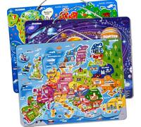 QUOKKA Magnetic Puzzles For 3 4 5 Year Olds - 3 Set Educational Toys For 3 4 Year Olds - World Map - Solar System - Planets For Kids - Learning Toys For Children - Kids Puzzles Gift Age 5-8