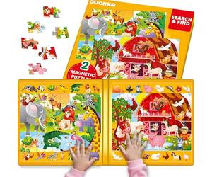 QUOKKA Magnetic Puzzles For 3 4 5 Year Olds - Search & Find 2 Pack 60 Pieces Each - Travel Toy Activities For Kids With Hidden Objects, Farm and Africa Scenes - Educational Jigsaws For 6 7 Year Olds