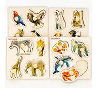 QUOKKA Wooden Puzzles for 1 2 3 Years Old - 4 Set Educational Peg Jigsaw Puzzles for Kids - Realistic Animal Learning Toys - Gift Game for Toddler Boy and Girl