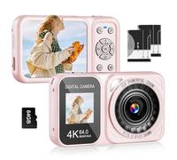QUOLODOO Digital Camera, 4K 64MP Dual Screens Camera, 18X Zoom, Point and Shoot Digital Camera with 64GB SD Card & 2 Batteries, Portable Rechargeable Small Camera for Kids Teens Adult, Pink
