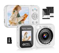 QUOLODOO Digital Camera, 4K 64MP Dual Screens Camera, 18X Zoom, Point and Shoot Digital Camera with 64GB TF Card & 2 Batteries, Portable Rechargeable Small Camera for Kids Teens Adult (White)