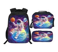 Quorin Astronaut Backpack Funny Spaceman Basketball School Bag 3PCS Backpack 16 Inch Set with Lunch Bag Pencil Case Lightweight for Teen Boys Girls Kids Elementary Middle School