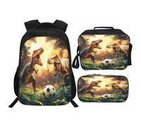 Quorin Funny Dinosaur Backpack Soccer School Bag 3PCS Backpack 16 Inch with Lunch Bag Set Lightweight for Teen Boys Girls Kids Elementary Middle School