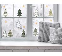 Quote My Wall Christmas Window Sticker Trees - Snowy Decorations for Home Shop Windows for Kids, Children's Festive Holiday Art Removable (Christmas Trees & Stars)