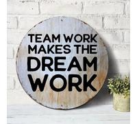 Quote Round Metal Sign Plaque Team Work Makes The Dream Work Vintage Sign Metal Art Prints Wall Room Sign for Office Workshop Decor Novelty Gift Idea 12x12in
