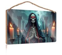 Quote Wood Plaque Dark Mystic: A Skeleton In Prayer Amidst Stormy Towers Wooded Sign Pool Decor House Decor Clearance(23X35CM)