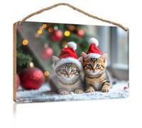 Quote Wood Plaque Two Kittens Wearing Santa Hats Sit On A Snowy Surface Wood Signs for Home Decor Bathroom Funny Signs(15X28CM)