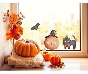 QuoteMyWall Halloween Window Stickers Cute Smilinmg Pumpkin, Black Cat & Flying Bat Halloween Decor Decorations