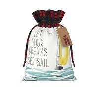 Quotes Let Your Dreams Set Sail Printing Color Matching Plaid Christmas Bag With Drawstring For Christmas Birthdays Party,4.7x6.9 Inch