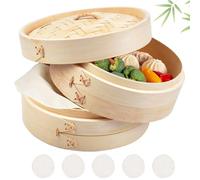 QUOTRE Steamer Bamboo 20 cm 2 Tier Bamboo Steamer for Rice, Dim Sum, Vegetables, Fish and Meat - Dumpling Maker with 5 Cotton Cloths