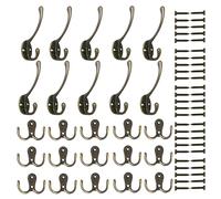 QUOZUO 15 Pieces Double Prong Robe Hook Cloth Hanger and 10 Pieces Heavy Duty Dual Coat Hooks Wall Mounted for Coat, Scarf, Bag, Towel, Key, Cap, Cup, Hat (Retro)