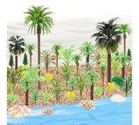 QUOZUO 50PCS Mini Model Miniature Palm Trees Beach coastal city Scenery Coconut Tree Rainforest with Sand and shells, Architecture Fake Trees for DIY Crafts, Building Model, Scenery Landscape