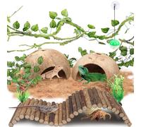 QUOZUO Crested Gecko Tank Accessories, Reptile Climbing Vines Hanging Plants with Coconut Shells Bridge Hideout Hermit Crab Decor for Bearded Dragon Lizard Chameleon Gecko Turtle Snake