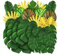 QUOZUO Jungle Party Decorations, 50 Pieces 8 Kinds Palm Leaves Artificial Tropical Monstera, Jungle Leaf with Stem for Jungle Hawaiian Luau Party Table Decoration Wedding Birthday, Green and Gold