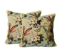 Qupace 2Pcs Green Vintage Embroidery Pillow Covers for Sofa Couch,Farmhouse Decoration Throw Pillowcase for Living Room,Green Cushion Cover for Bedroom Reversible (Butterfly)