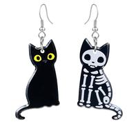 QUPENGXU Kawaii Halloween Cat Earring Wooden Black Cats Dangle Earrings Skeleton Cat Drop Earring For Women, S, Wood, No Gemstone