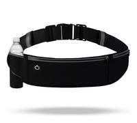 QUPOLPOL Water-Resistant Running Belt with Bottle Holder - Reflective Waist Pack for Men & Women, Multi-Pocket Lycra Fitness Belt with Headphone Port, Fits Phones up to 7.5" (1, Black, One Size)