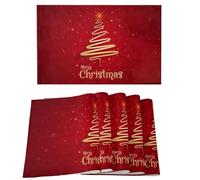 QUR Set of 6 Merry Christmas Tree Placemats Non-/Wipe Clean Linen Dining Table Mat Set Red