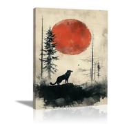 QUSAAOU Abstract Animal Art Painting Wolf Silhouette Under Red Moon in Misty Forest Pictures Print Canvas Animal The Home Modern Decoratio Toilet Painting Prints(Red)-40x60cm1 Framed