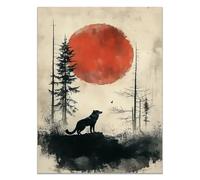 QUSAAOU Abstract Animal Art Painting Wolf Silhouette Under Red Moon in Misty Forest Pictures Print Canvas Animal The Home Modern Decoratio Toilet Painting Prints(Red)-30x45cm1 Unframed