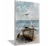 QUSAAOU Beach Sunrise Vintage Boat Seagull Ocean Beach Rustic Landscape Canvas Wall Art Modern Seascape Canvas Prints Seaview Landscape Artwork For Home Office Decorations(Beige)-70x100cm1 Unframed