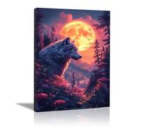 QUSAAOU Beautiful Modern Abstract Wolf Dreamy Forest Under Shimmer Full Moon Modern Style Suitable For Bedrooms Offices Bathrooms Hallways And Dining Rooms(Purple)-40x60cm1 Framed