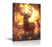 QUSAAOU Black Background Wall Painting Deer with Antlers in Sunlit Autumn Forest Cute Animal Canvas Paintings Modern Home Decor Suitable For All Wall Surfaces(Orange)-20x30cm1 Framed