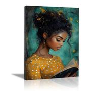 QUSAAOU Black Woman Canvas Wall Curly Lady Reading Polka Dot Top landscape Graffiti Canvas Art Posters Prints African Woman Modern Picture For Living Room Bedroom Office(teal)-40x60cm1 Framed