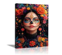 QUSAAOU Black Woman Canvas Wall Lady with Sugar Skull Makeup and Vibrant Flowers Graffiti Canvas Art Posters Prints African Woman Modern Picture For Living Room Bedroom Office(Black)-60x90cm1 Framed