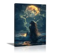 QUSAAOU Black Woman Canvas Wall Woman in Ocean Under Glowing Moon Graffiti Canvas Art Posters Prints African Woman Modern Picture For Living Room Bedroom Office(Blue)-40x60cm Framed