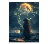 QUSAAOU Black Woman Canvas Wall Woman in Ocean Under Glowing Moon Graffiti Canvas Art Posters Prints African Woman Modern Picture For Living Room Bedroom Office(Blue)-30x45cm Unframed