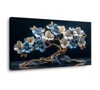 QUSAAOU Blue White Blossom Bonsai Tree of Life Sculpture Golden Branch Abstract Canvas Prints Minimalist Artwork For Bedroom Office Home Decoration Canvas Natural Landscape(Blue)-40x80cm1 Framed