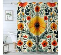 QUSAAOU Boho Floral Shower Curtain Set with Hooks Yellow Flower Pattern Fabric Cloth Bath Curtains for Rustic Vintage Bathroom Decor, Colorful Shower Curtain-200 * 280cm(71"*110")