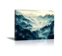 QUSAAOU Canvas Canvas Wall Art Foggy Forest with Mountains and Flying Eagle Modern Romantic Pattern Canvas Print Painting Canvas Painting For Living Room Bedroom(Blue)-20x30cm1 Framed