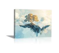QUSAAOU Canvas Home Decor Wall Art Floating Island Tree with Water Reflection Clouds Landscape Poster Images Suitable For Living Room Bedroom And Kitchen Wall Decorations(Blue)-70x100cm1 Framed
