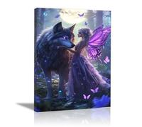 QUSAAOU Canvas Posters Purple Fairy & Wolf Canvas Featuring Flowers Female Portraits Suitable Wall Decoration In Living Rooms Hallways Bedrooms Cafes(Lavender)-20x30cm1 Framed