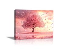 QUSAAOU Canvas Wall Art For Living Room Cherry Blossom Tree with Falling Petals at Sunset Canvas Wall Art Modern Stretched And Prints Landscape Artwork For Home Office Decorations(Pink)-30x45cmFramed