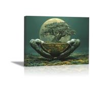 QUSAAOU Canvas Wall Art For Living Room Tree Held by Mossy Hands with Full Moon Canvas Wall Art Modern Stretched And Prints Landscape Artwork For Home Office Decorations(Green)-20x30cm1 Unframed