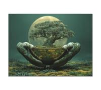 QUSAAOU Canvas Wall Art For Living Room Tree Held by Mossy Hands with Full Moon Canvas Wall Art Modern Stretched And Prints Landscape Artwork For Home Office Decorations(Green)-40x60cm1 Unframed