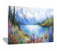 QUSAAOU Canvas wall art for living room Wildflowers Lakeside Retro Scenic Living Room Bedroom Piece Home Decor Interior Easy Hang Guide(Blue)-20x30cm Framed