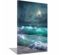 QUSAAOU Canvas Wall Art Full Moon Turquoise Wave Night Ocean Scenery Suitable For Wall Decoration, Ocean Landscape Paintings, Bedroom And Dining Room Decoration(Blue)-70x100cm1 Framed