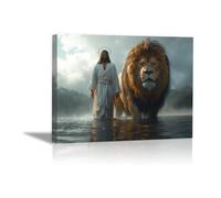 QUSAAOU Canvas Wall Art Jesus Christ walking through water together mighty lion icture Christianity Cross Poster Print Painting for Living Room Bedroom Prayer Room Home Decorate -30x45cm Framed