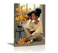 QUSAAOU Canvas Wall Lady Sitting by Window with Yellow Flowers Abstract Portrait Posters Vintage Art Pieces Suitable For Living Room Bedroom And Hallway Wall Decoration(Beige)-60x90cm1 Framed
