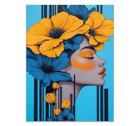 QUSAAOU Canvas Wall Woman with Yellow and Blue Flowers on Her Head Art Abstract Portrait Posters Vintage Art Pieces Suitable For Living Room Bedroom And Hallway Wall Decoration -70x100cm Unframed