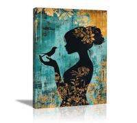 QUSAAOU Fashion Canvas Wall Lady Floral Silhouette Bird Background Living Room Bedroom African American Woman Wall Decor Art Wall For Home Afro Woman Poster And Prints(teal)-60x90cm1 Framed