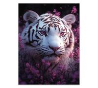 QUSAAOU Funny Wall Art White Tiger Pink Eyes in Purple Flower Field Vintage-Inspired Decor Home Wall Decor Colorful Pictures Abstract Animals Painting Print Bathroom(Purple)-60x90cm1 Unframed