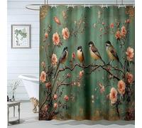 QUSAAOU Green Plant Shower Curtain Bird Flower Branch Shower Curtains For Bathroom Decor with Hooks Minimalist Botanical Decorative Bath Curtains Waterproof-200 * 240cm(71"*94")